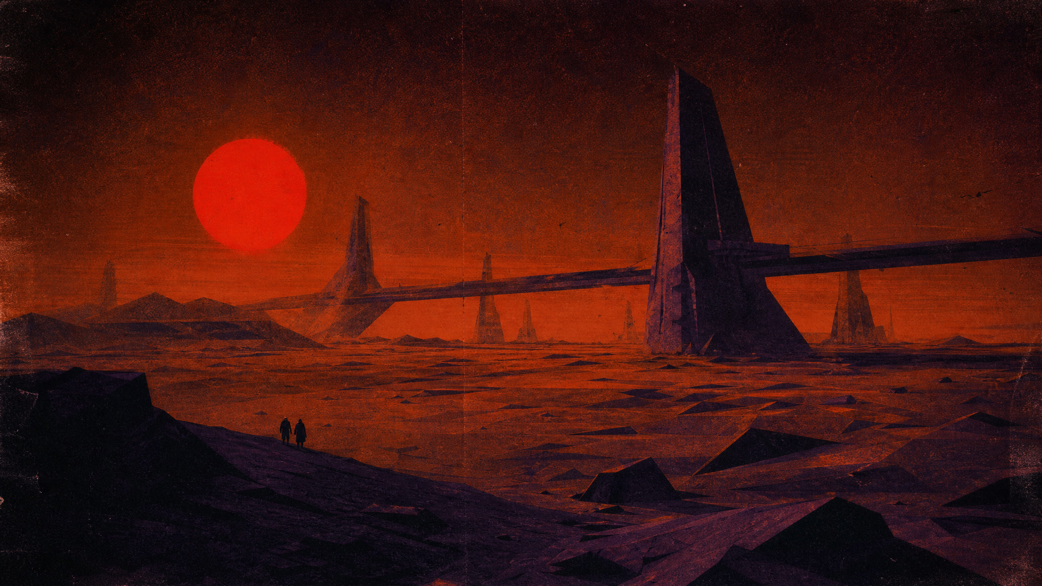 Dos figuras cruzan una arquitectura alienígena mínima bajo un cielo rojo.