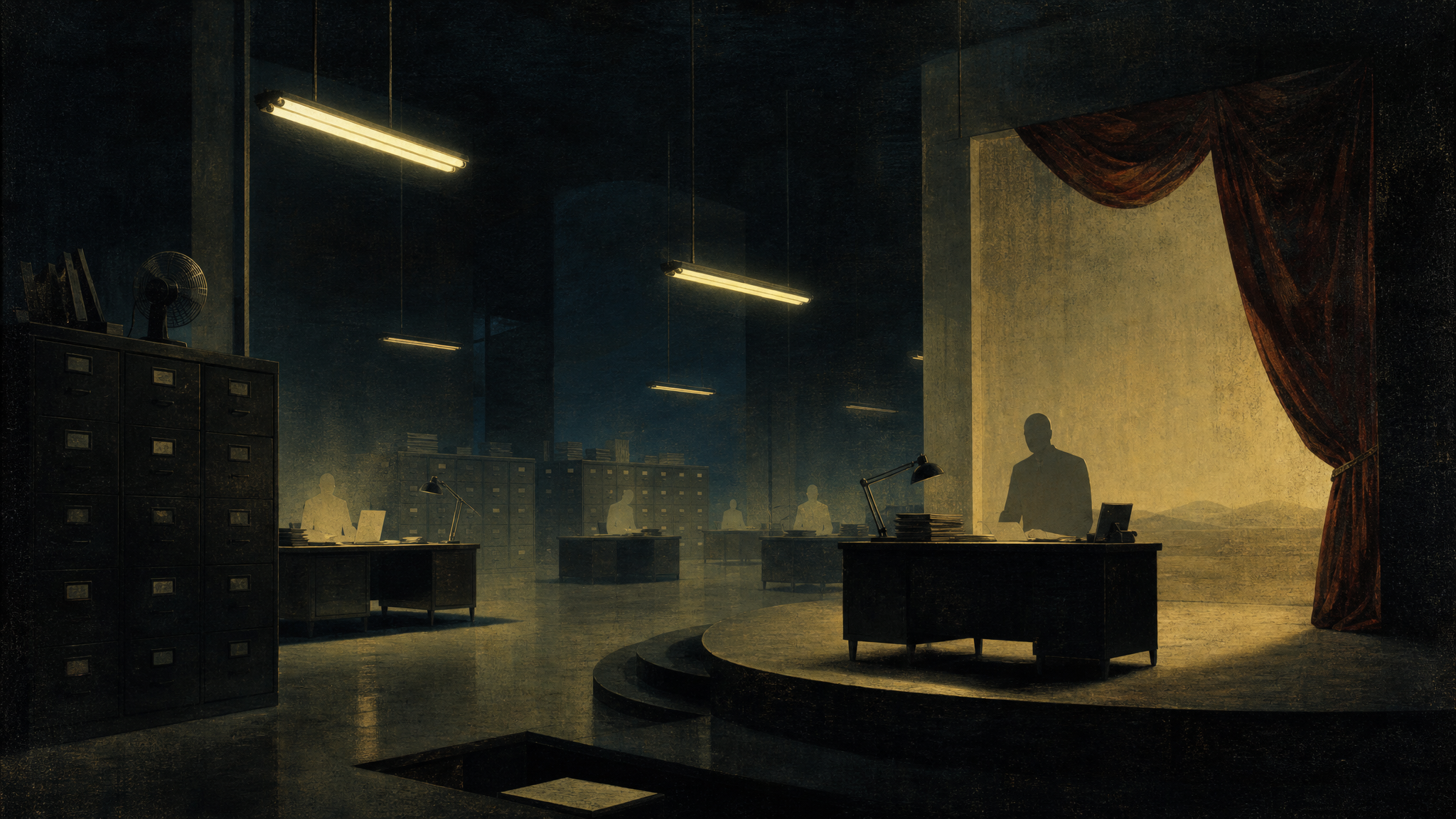 Oficina teatral y burocrática bajo luces fluorescentes, imagen interna para Kentucky Route Zero.