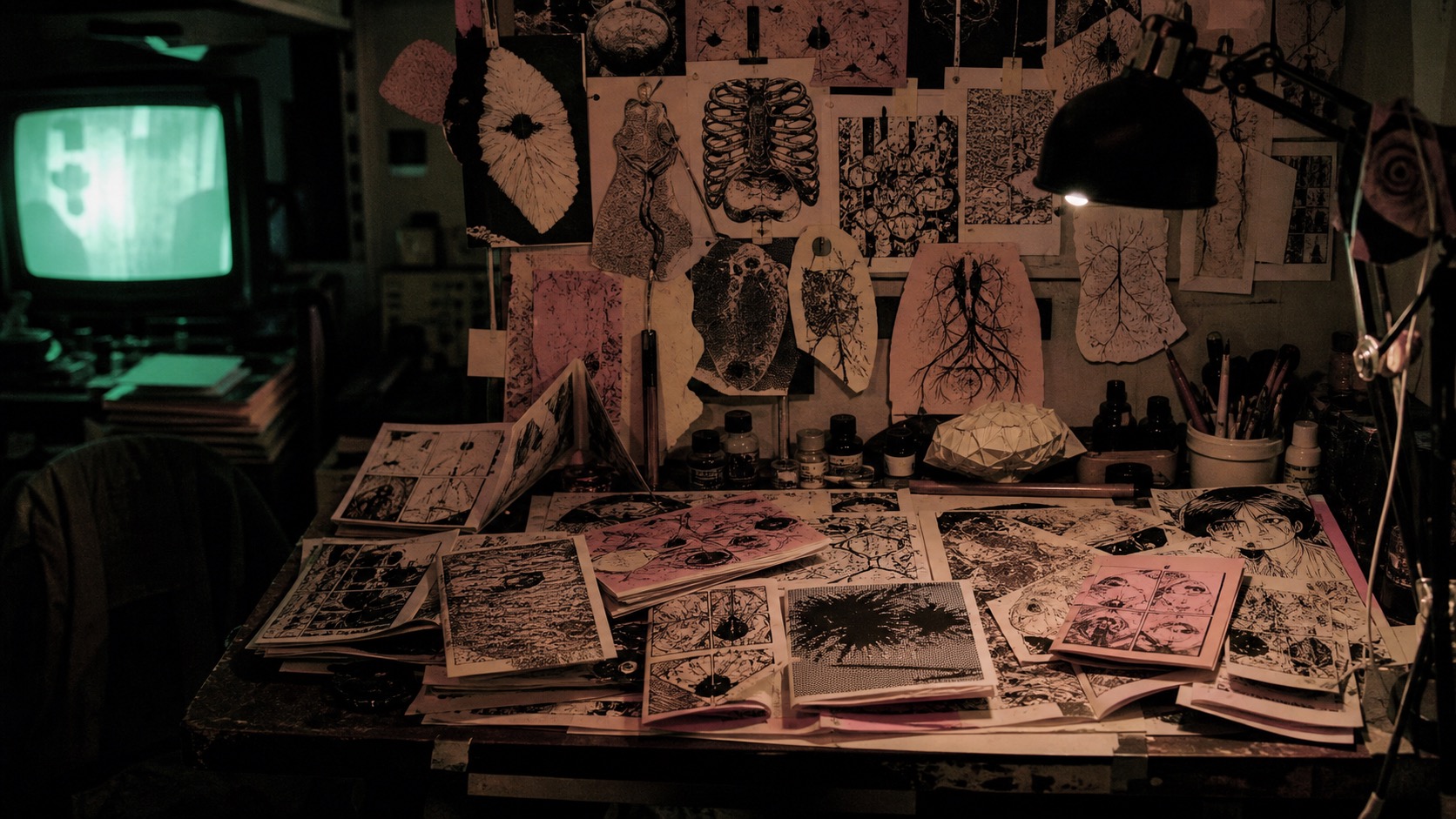 Archivo febril de zines, dibujos anatómicos y papel xerografiado bajo luz verde.