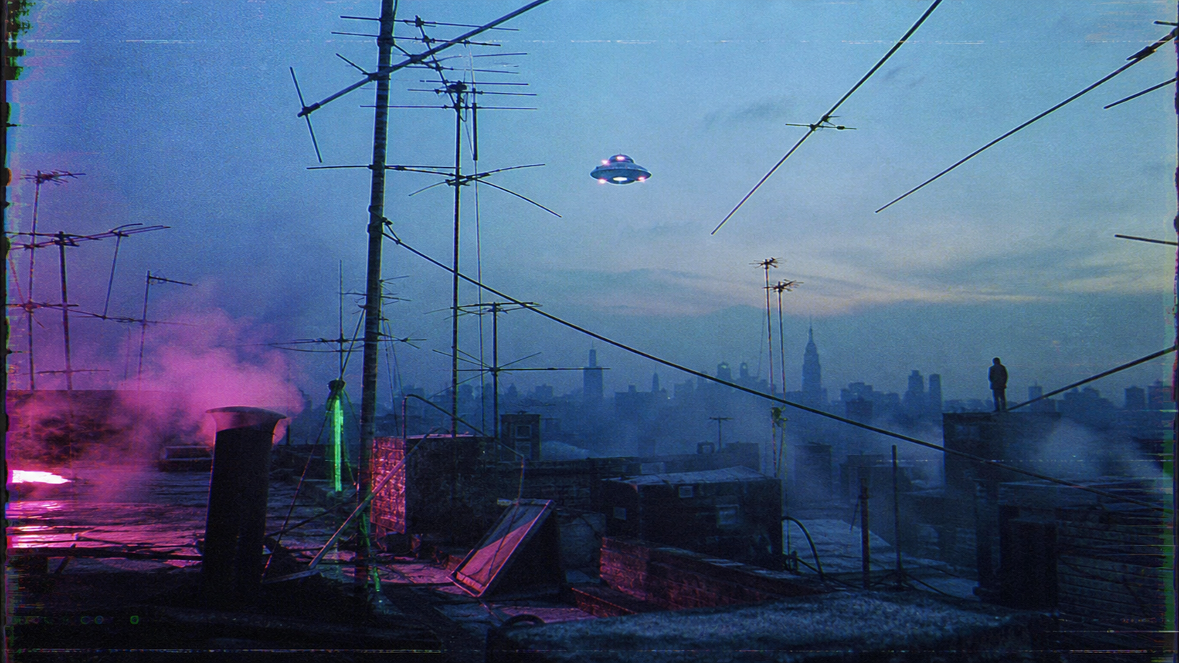 Tiny UFO above a Manhattan rooftop antenna forest