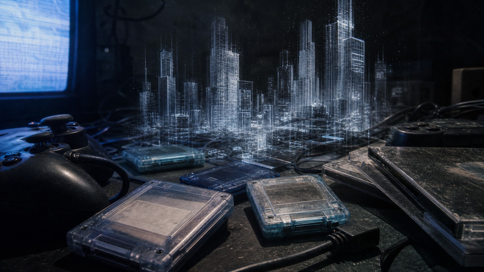 Tarjetas de memoria, mandos y cables iluminados por un resplandor CRT, con una ciudad fantasma de datos flotando sobre la mesa.