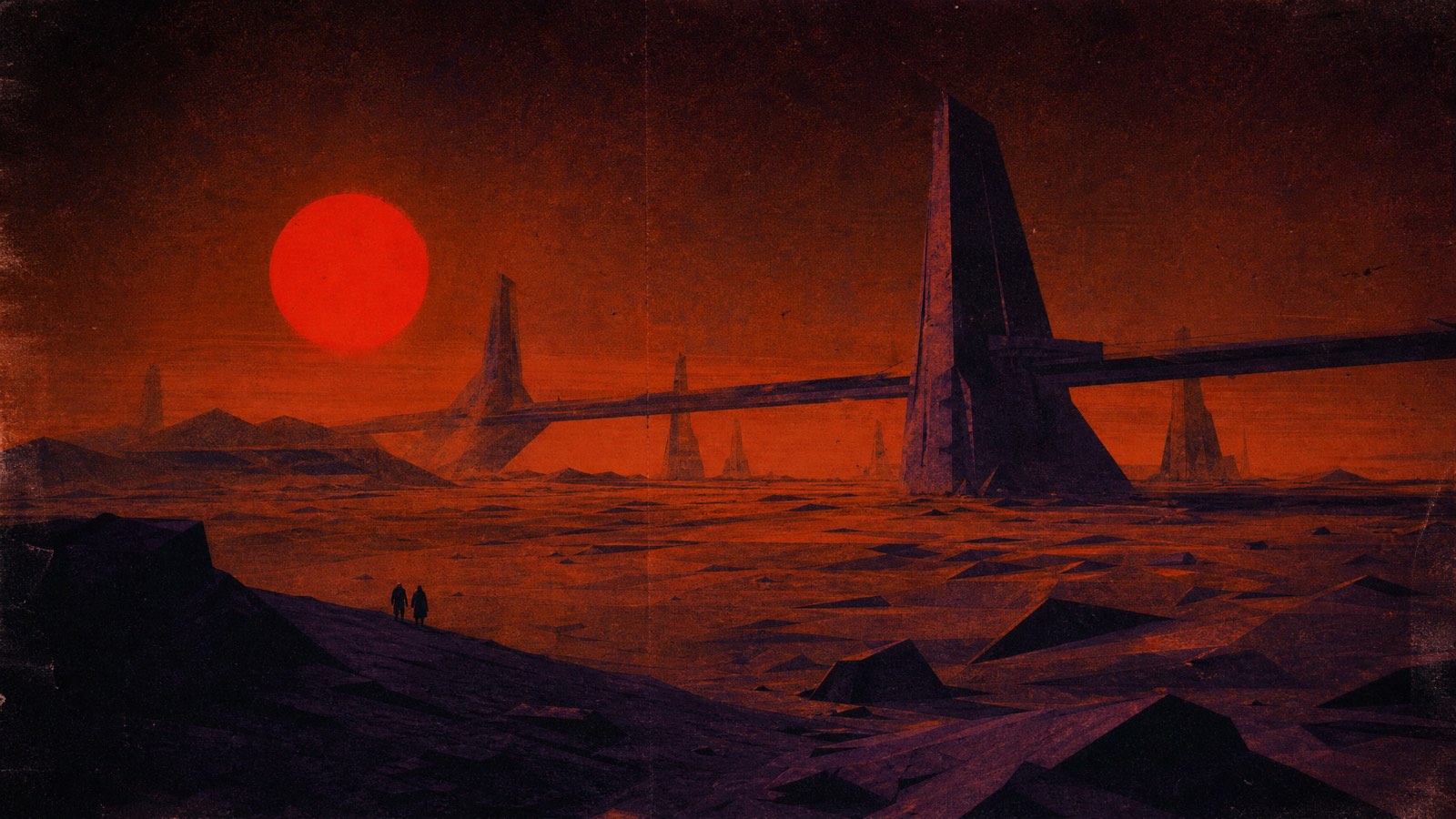 Dos figuras cruzan una arquitectura alienígena mínima bajo un cielo rojo.