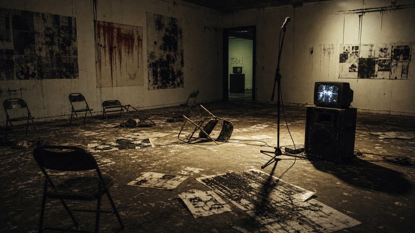 Galería vacía tras una performance industrial con micrófono, CRT y sillas derribadas.