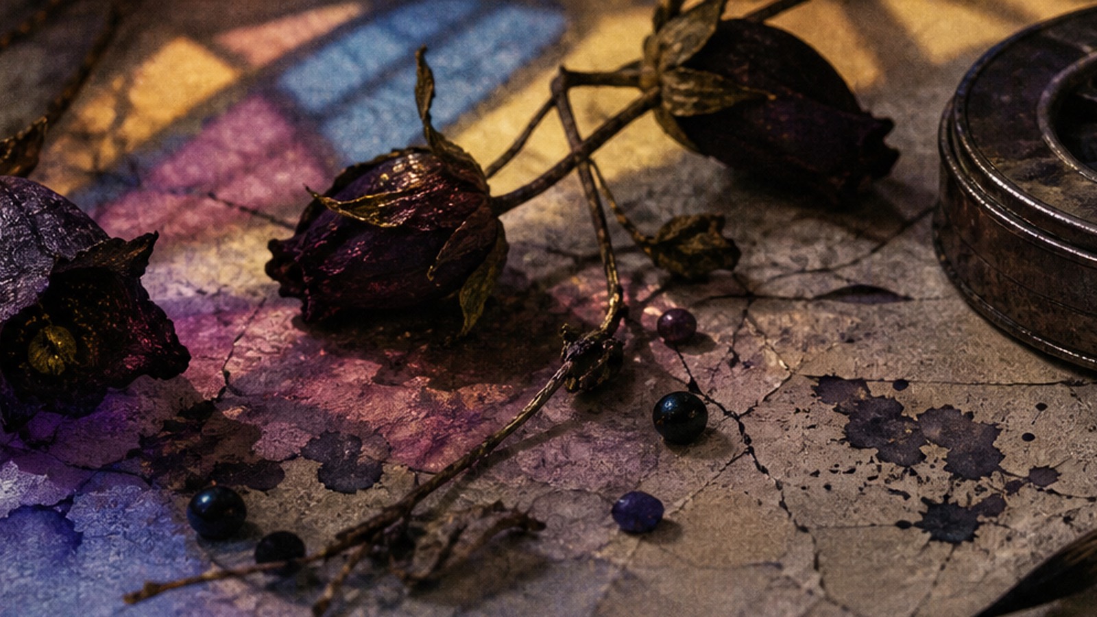 Bodegon de flores marchitas, lata de pelicula e iluminacion de vidriera sobre papel agrietado.