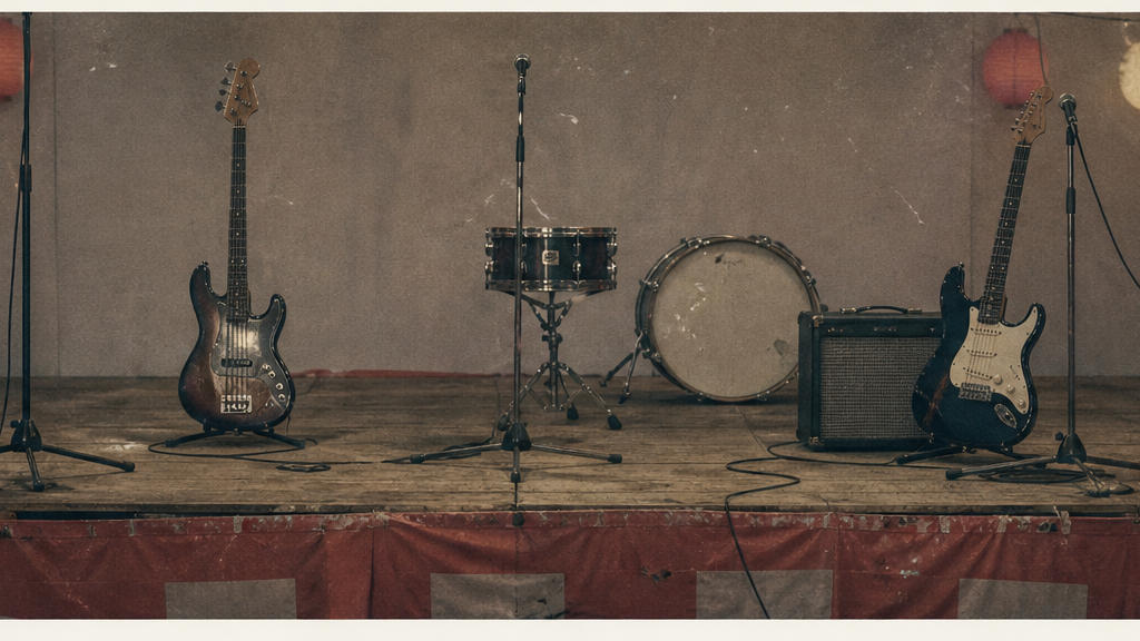 Escenario comunitario vacío con guitarras, batería y micrófonos tras un ensayo torpe de On-Gaku: Our Sound.