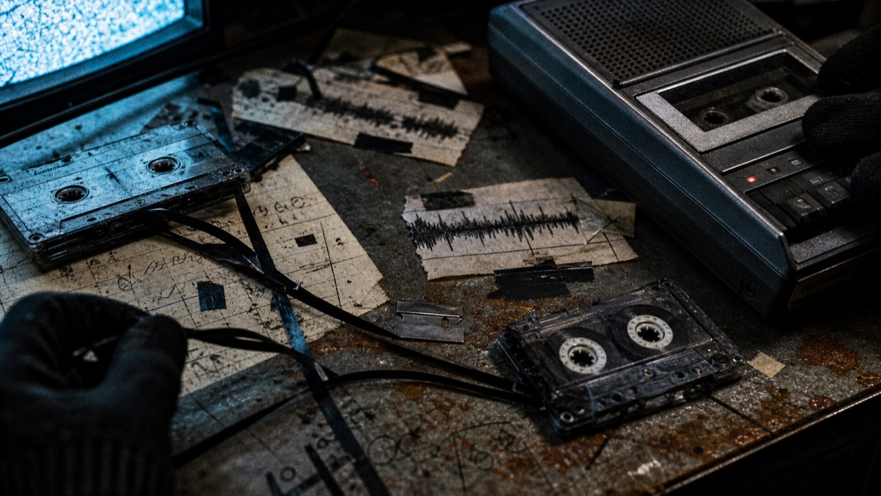 Cassettes, cinta magnética y mesa de edición como laboratorio de sabotaje sonoro.