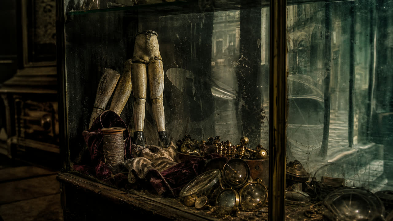 Imagen editorial de una vitrina con miembros de muñeco, lentes, tornillos y terciopelo para Street of Crocodiles.