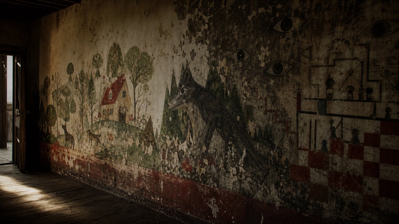 Mural deteriorado de cuento infantil con casa, árboles, lobo y ojos oscuros sobre una pared envejecida.
