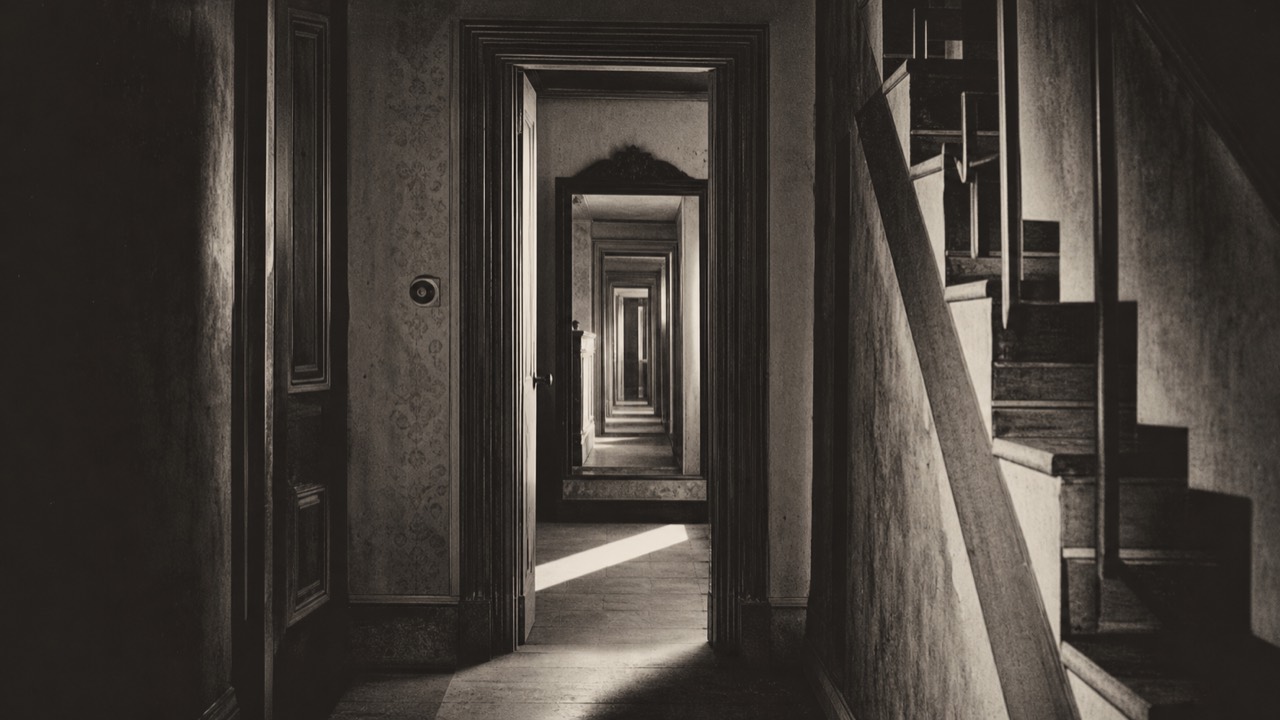 Pasillo doméstico multiplicado por espejos y escaleras en atmósfera de cine experimental.