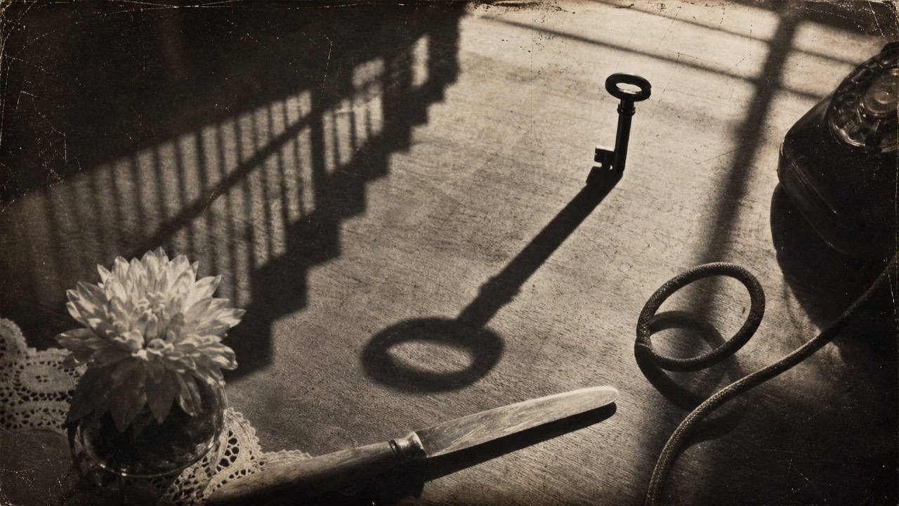Llave, flor, cuchillo y teléfono sobre una mesa atravesada por sombras de escalera.