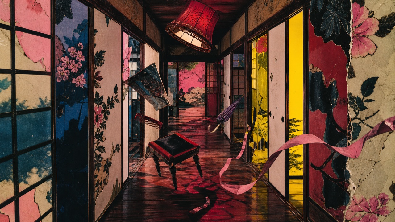 Pasillo surreal de casa japonesa con objetos flotantes y paredes de collage pop inspirado por Hausu.