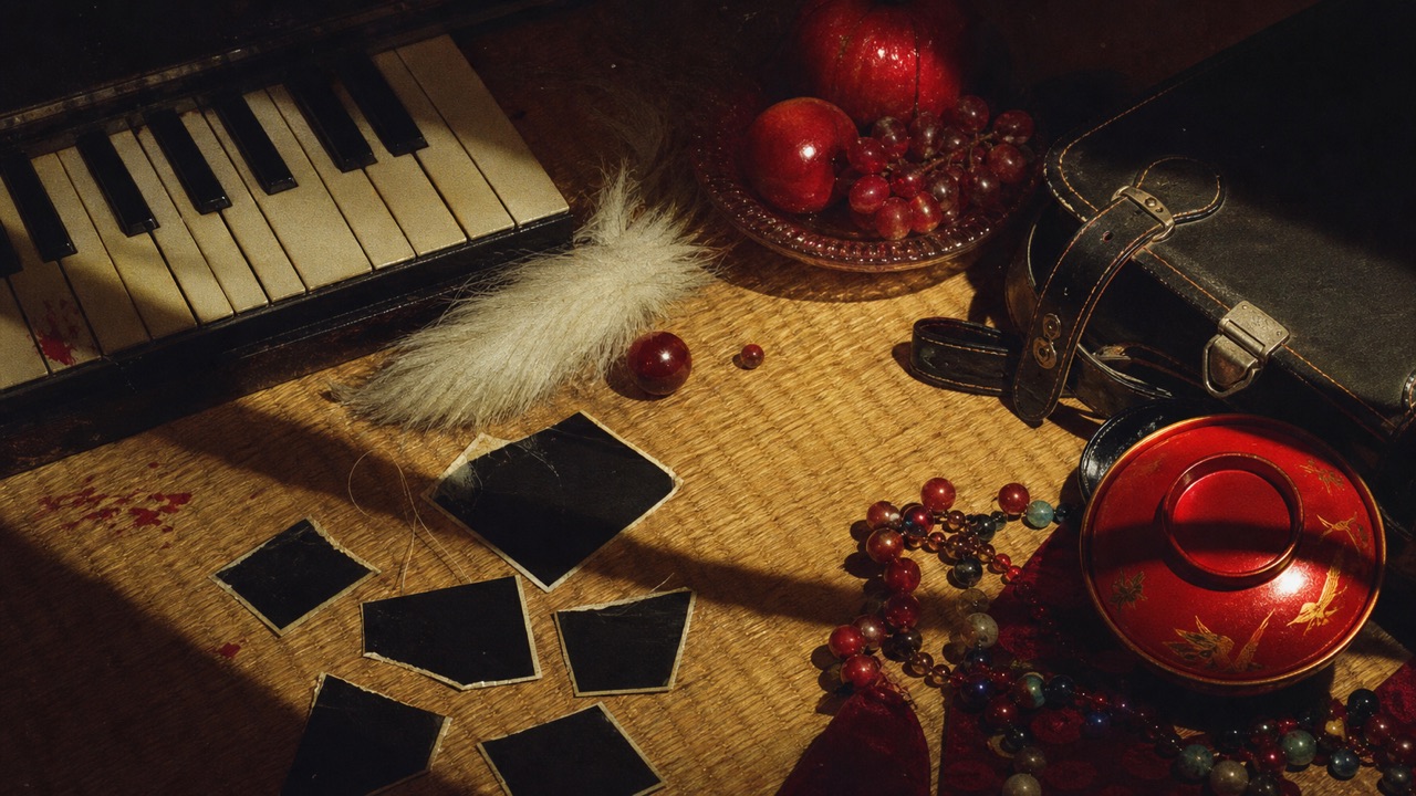 Bodegon inquietante con teclas de piano, pelo de gato, fruta roja y fotos rotas inspirado por Hausu.
