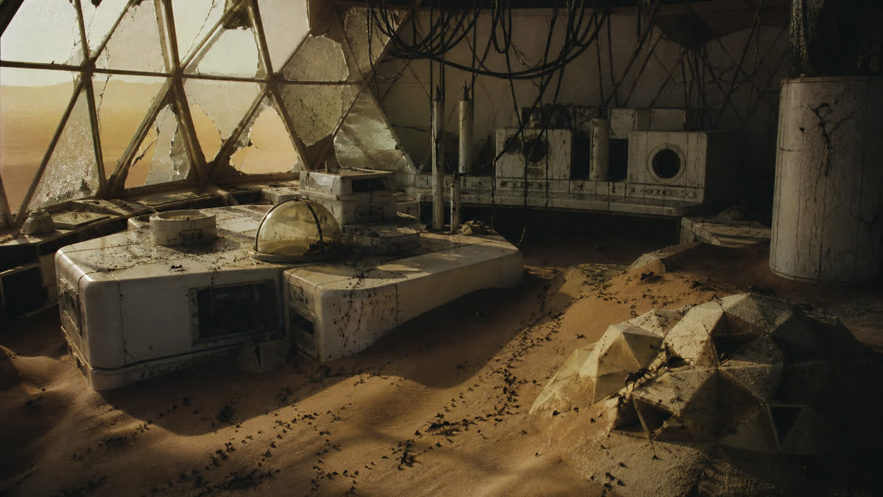 Cúpula de investigación abandonada tomada por arena, cables y rastros de hormigas