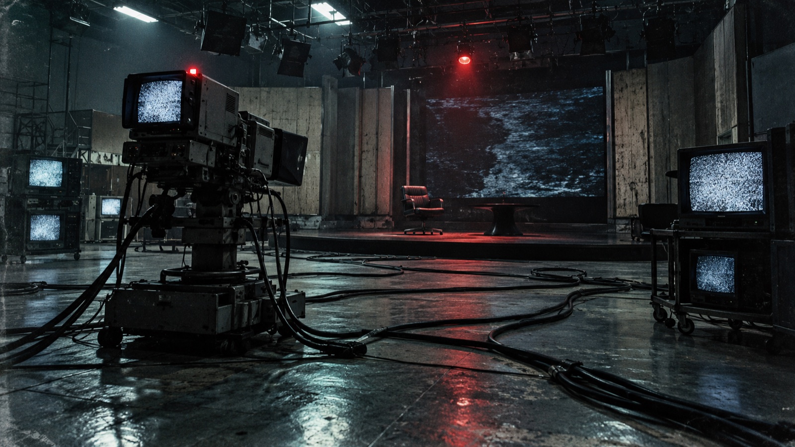 Ilustración editorial: estudio televisivo vacío con cámaras y monitores de ruido analógico